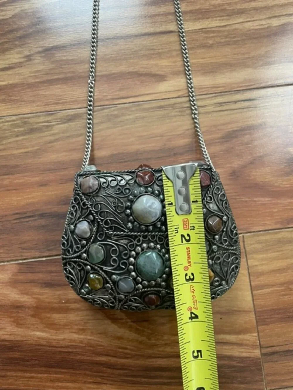 The Vintage Sajai Filigree Metal Purse with Agate Stones is a handcrafted piece